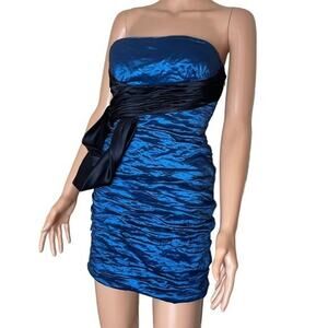 Bombshell BCBG Max Azria Black Blue Stretch Satiny Body Con Dress Sash Ruching